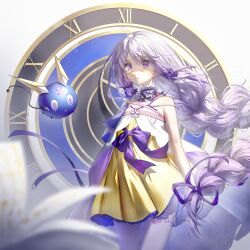 Rule 34 | 1girl, absurdres, arcaea, bare shoulders, bow, braid, charon (arcaea), collar, cowboy shot, dress, hair between eyes, hair ornament, highres, jacket, lagrange (arcaea), long hair, monocle, oxx2xzero, purple bow, purple eyes, purple hair, sidelocks, single braid, twintails, white jacket, yellow dress
