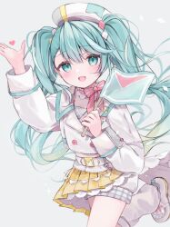 Rule 34 | 1girl, absurdres, aqua eyes, aqua hair, belt, beret, blush, bow, bowtie, cropped jacket, flag, hair between eyes, hair ornament, hat, hatsune miku, highres, holding, holding flag, jacket, long hair, long sleeves, looking at viewer, magical mirai (vocaloid), magical mirai miku, magical mirai miku (2024), official alternate costume, official alternate hairstyle, open mouth, pink bow, pink bowtie, pleated skirt, shoes, shorts, shorts under skirt, simple background, skirt, smile, solo, twintails, very long hair, vocaloid, white background, white belt, white hat, white jacket, white shoes, white shorts, yellow skirt, yuki (yuki no 42)