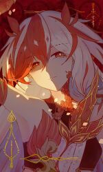 1girl absurdres armpits bare_shoulders chinese_commentary ciyanweiqing closed_mouth commentary_request dress feather_print fu_hua fu_hua_(garuda) hair_ornament highres honkai_(series) honkai_impact_3rd looking_at_viewer multicolored_hair orange_eyes orange_hair orange_pupils orange_scales serious shade solo upper_body white_dress white_hair