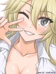 1girl artist_name blonde_hair blush breasts cleavage collarbone collared_shirt commentary_request dress_shirt grey_eyes grin hair_between_eyes hand_up iowa_(kancolle) kantai_collection long_hair looking_at_viewer mattari_numenume one-hour_drawing_challenge one_eye_closed shirt simple_background smile solo star_(symbol) twitter_username w white_background white_shirt