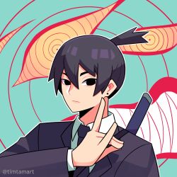 1boy absurdres black_hair black_jacket black_necktie blue_eyes chainsaw_man collared_shirt earrings extra_eyes formal_clothes fox_devil_(chainsaw_man) fox_shadow_puppet gun_sling hayakawa_aki highres jacket jewelry katana looking_at_viewer necktie ringed_eyes sharp_teeth shirt short_hair spiral suit suit_jacket sword teeth timtam topknot twitter_username weapon weapon_on_back white_shirt yellow_eyes