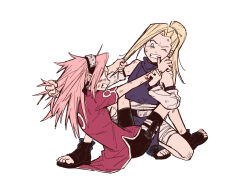 2girls 79x_(ox79xo) bandaged_torso black_shorts blonde_hair blood blood_on_arm blood_on_hands blue_eyes crop_top detached_sleeves dress fighting forehead_protector full_body grabbing_another&#039;s_hair haruno_sakura highres konohagakure_symbol long_hair looking_at_another multiple_girls naruto_(classic) naruto_(series) one_eye_closed open-toe_shoes pink_hair ponytail purple_shirt purple_skirt red_dress shirt short_sleeves shorts skirt teeth white_background yamanaka_ino
