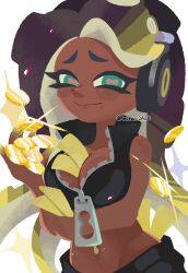 banknote breasts coins dark-skinned_female dark_skin dollar_bill headphones marina_(splatoon) midriff mira_2420 mole mole_under_mouth money navel_piercing nintendo octoling octoling_girl octoling_player_character pants piercing splatoon_(series) splatoon_3 vest zipper