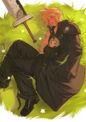 1boy armor black_coat black_pants black_shoes blonde_hair boots buster_sword character_doll closed_eyes closed_mouth cloud_strife coat curtained_hair doll final_fantasy final_fantasy_vii final_fantasy_vii_advent_children flower grass green_eyes grey_hair highres holding holding_doll long_sleeves lying male_focus on_side pants partially_unzipped pauldrons popped_collar sephiroth shoes short_hair shoulder_armor single_bare_shoulder single_pauldron single_sleeve sleeping solo sword vy7437 weapon white_flower zipper zipper_pull_tab