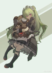1girl absurdres apron black_boots black_dress black_nails boots chain chinese_commentary commentary_request corin_wickes cuffs dress full_body green_background green_hair hair_between_eyes heart highres holding holding_stuffed_toy hugging_doll hugging_object knee_boots long_hair longxutang looking_at_viewer maid maid_apron maid_headdress open_mouth puffy_short_sleeves puffy_sleeves purple_eyes screw_hair_ornament short_sleeves simple_background solo stuffed_animal stuffed_toy teddy_bear twintails white_apron zenless_zone_zero