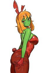 1girl absurdres breasts colored_skin formal_clothes from_side green_skin hand_on_own_thigh highres leotard looking_at_viewer medium_hair notched_ear orange_hair original playboy_bunny red_eyes red_suit sideboob stitched_face stitches suit zeon_(zzeeonn) zombie