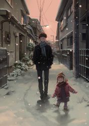 1boy 1girl black_coat blush boots brown_hair coat fence fur_hat gutter hand_in_pocket hat height_difference house lamppost mittens open_clothes open_coat open_mouth original outdoors peacoat pink_sky plant red_coat red_scarf reengirl scarf sky smile snow snowing standing ushanka walking wall