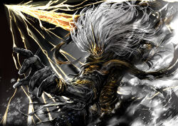 1boy big_hair commentary_request crown dark_souls_(series) dark_souls_iii dtcy electricity greatsword holding holding_sword holding_weapon king_of_the_storm long_hair male_focus nameless_king solo sword weapon white_hair