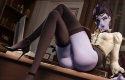 3d belt black_thighhighs blender_(medium) colored_skin crossed_legs desk eyewear_on_head glasses high_heels looking_to_the_side nianbingzi no_panties non-web_source official_alternate_costume on_desk overwatch photo_(medium) photoshop_(medium) ponytail purple_skin pussy shirt sitting thighhighs white_shirt widowmaker_(overwatch)