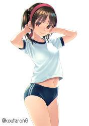 1girl black_hair blue_buruma buruma cowboy_shot double_vertical_stripe gym_shirt gym_uniform headband koutaro looking_at_viewer navel original ponytail red_eyes red_headband shirt short_hair sidelocks simple_background solo t-shirt twitter_username white_background white_shirt