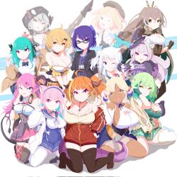 Rule 34 | 6+girls, a-chan (1st costume) (hololive), a-chan (hololive), ahoge, animal ears, bat hair ornament, beret, black gloves, black hair, black hat, black thighhighs, blonde hair, blue eyes, blue hair, blue skirt, breasts, brown hair, cat ears, ceres fauna, ceres fauna (1st costume), dark-skinned female, dark skin, demon girl, demon horns, dragon girl, dragon horns, erikuukun, fingerless gloves, gawr gura, gawr gura (casual), glasses, gloves, green eyes, grey shirt, hair ornament, hat, highres, hololive, hololive english, horns, jacket, kiryu coco, kiryu coco (loungewear), large breasts, looking at viewer, mano aloe, minato aqua, minato aqua (sailor), multiple girls, murasaki shion, murasaki shion (1st costume), nanashi mumei, nanashi mumei (1st costume), official alternate costume, red jacket, sakamata chloe, sakamata chloe (1st costume), shirt, short hair, skirt, small breasts, striped clothes, striped shirt, thighhighs, torn clothes, torn thighhighs, tsukumo sana, tsukumo sana (1st costume), twintails, uruha rushia, uruha rushia (school uniform), vertical-striped clothes, vertical-striped shirt, virtual youtuber, watson amelia, watson amelia (street casual), white hair, white shirt, yellow eyes, yozora mel, yozora mel (1st costume)