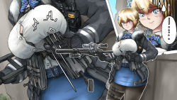 1girl ammunition_pouch anomonny blonde_hair blue_eyes blue_skirt breasts girls&#039;_frontline gun highres inconvenient_breasts large_breasts magazine_(weapon) miniskirt mole mole_under_eye pantyhose pouch rifle scope shirt short_hair skirt sniper_rifle solo tactical_clothes tight_clothes tight_shirt vsk-94_(girls&#039;_frontline) weapon