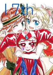3girls bodysuit chrono_cross commentary_request harle_(chrono_cross) harlequin hat high_ponytail jester_cap kid_(chrono_cross) leena_(chrono_cross) leotard long_hair multi-tied_hair multiple_girls ponytail red_eyes red_leotard s-a-murai short_hair