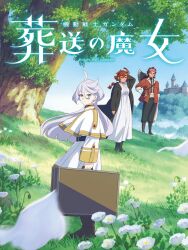 1boy 2girls ahoge axe bandaged_arm bandages belt black_belt black_coat black_footwear black_gloves black_hairband black_pants black_shirt blue_eyes blue_sky boots briefcase brown_hair capelet castle closed_mouth coat commentary_request copyright_name cosplay day dress falling_petals fern fern_(sousou_no_frieren) fern_(sousou_no_frieren)_(cosplay) fingerless_gloves floating_hair flower frieren frieren_(cosplay) gloves gold_trim grass grey_eyes grey_hair guel_jeturk gundam gundam_suisei_no_majo hairband hand_on_own_hip highres holding holding_briefcase ichinose_kana long_coat long_dress long_hair long_sleeves looking_at_viewer low_ponytail miorine_rembran multicolored_hair multiple_girls outdoors pants parody petals pink_hair ponytail red_coat red_hair sash shirt short_eyebrows skirt sky sousou_no_frieren standing stark_(sousou_no_frieren) stark_(sousou_no_frieren)_(cosplay) suletta_mercury syaparinton thick_eyebrows tree two-tone_hair voice_actor_connection waist_sash weapon weapon_on_back white_capelet white_dress white_flower white_sash white_skirt