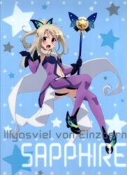 absurdres blonde_hair breasts cape clear_file_(medium) clothing_cutout detached_sleeves english_text fate/kaleid_liner_prisma_illya fate_(series) high_heels highres magical_sapphire navel navel_cutout non-web_source official_alternate_costume official_alternate_hairstyle official_art ponytail prisma_illya_(sapphire_version) scan sleeveless small_breasts thighhighs underbutt wand