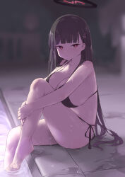1girl absurdres bare_shoulders bikini black_bikini black_hair blue_archive breasts cleavage hair_ornament hairclip halo highres large_breasts long_hair looking_at_viewer painnico purple_eyes rio_(blue_archive) sitting solo swimsuit very_long_hair wet
