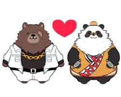 2boys :3 animal_ears bear_boy bear_ears ben_bigger black_fur black_pants black_tank_top bracelet brown_fur chain chain_necklace chibi chibi_only chinese_clothes closed_eyes commentary_request facing_viewer food food_on_head furry furry_male gatoburguer heart jacket jewelry multicolored_fur multiple_boys necklace object_on_head pan_yinhu panda_boy panda_ears pants portuguese_commentary round_eyewear scar scar_across_eye scar_on_face shirt spiked_bracelet spikes tank_top white_background white_fur white_jacket white_pants yellow_shirt zenless_zone_zero