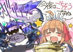 1girl :d ^^^ ahoge blush brown_hair commentary_request cooking_pot crab drooling gloves holding holding_cooking_pot ito_ryo long_hair monster mouth_drool open_mouth pecorine_(princess_connect!) princess_connect! sidelocks smile solo sound_effects speech_bubble star_(symbol) tiara translation_request white_gloves