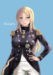 Rule 34 | 1girl, absurdres, alternate costume, black jacket, blonde hair, blue background, blue eyes, buttons, character name, cowboy shot, double-breasted, hair between eyes, hand on own hip, hat, highres, jacket, jouzaburou (joe3), kantai collection, long hair, loose hair strand, medal, military uniform, nelson (kancolle), pants, solo, unworn hat, unworn headwear, white pants