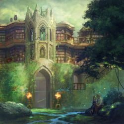 1boy 1girl bird black_dress blonde_hair brown_pants castle commentary_request day dress forest highres ivy lantern long_sleeves nature original outdoors owl pants rock scenery shirt shoes sitting smile tree usada_yuh white_shirt