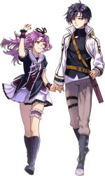 1boy 1girl absurdres ahoge black_hair boots bow curtained_hair eiyuu_densetsu floating_hair frilled_wrist_cuffs frills full_body hair_between_eyes hair_bow high_collar highres holding_hands jacket joshua_bright long_hair madou_zakura parted_bangs purple_hair purple_wrist_cuffs renne_(eiyuu_densetsu) sen_no_kiseki sen_no_kiseki_(series) sen_no_kiseki_iv simple_background skirt smile walking white_background wrist_cuffs yellow_eyes