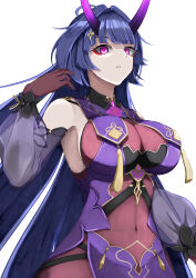1girl absurdres breasts covered_navel detached_sleeves dress eyeshadow fuji4o highres honkai_(series) honkai_impact_3rd horns large_breasts long_hair looking_at_viewer makeup official_alternate_costume purple_dress purple_eyes purple_hair purple_horns raiden_mei raiden_mei_(herrscher_of_thunder) raiden_mei_(rainy_springtide) red_eyeshadow see-through_clothes see-through_dress simple_background solo upper_body white_background