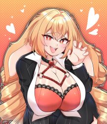 1girl animal_ears ball_gag black_jacket black_pants black_suit blonde_hair bra breasts bright_pupils cleavage collared_shirt commission drill_hair formal_clothes gag gradient_background hanamoru heart heart_in_eye highres jacket large_breasts long_hair lop_rabbit_ears open_mouth pants pinstripe_pattern pinstripe_suit rabbit_ears red_bra red_eyes second-party_source shibari shibari_under_clothes shibi_cottonbum shirt solo suit symbol_in_eye teeth twin_drills underwear upper_teeth_only vallure vgen_commission virtual_youtuber white_pupils white_shirt