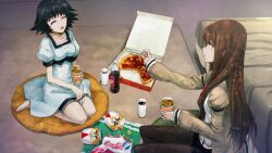 2girls arm_belt bed bedroom bedside belt black_bow black_hair black_pantyhose black_sash black_shorts black_trim blue_dress bow breasts brown_hair brown_jacket carpet chest_bow chicken_(food) chips_(food) closed_eyes closed_mouth collar collarbone collared_shirt cup cup_ramen disposable_cup dr_pepper dress eating eyelashes food fork fried_chicken frilled_collar frills game_cg hair_between_eyes hair_over_shoulder happy highres holding holding_cup holding_fork huke indoors instant_ramen jacket jacket_partially_removed kneeling leather_belt looking_at_another makise_kurisu medium_hair multiple_girls necktie non-web_source noodles official_art on_pillow open_mouth pantyhose pepperoni pepperoni_pizza pink_frills pizza pizza_box pointing pointing_at_another puffy_short_sleeves puffy_sleeves purple_eyes ramen red_necktie ringed_eyes sash shiina_mayuri shiny_lips shirt short_sleeves shorts shorts_under_dress shorts_under_skirt sitting small_breasts smile soda square_pupils steins;gate steins;gate:_linear_bounded_phenogram tareme teeth thick_thighs thighs upper_teeth_only waist_sash wariza white_belt white_shirt