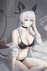 1girl absurdres bed black_bra black_choker black_horns black_panties bra breasts can choker collarbone demon_tail drink_can highres horns large_breasts mole mole_on_breast mole_under_eye nightstand on_bed panties pillow rayn3 red_eyes scar scar_on_arm shirt sitting solo tail underwear white_hair white_shirt wuthering_waves zani_(wuthering_waves)