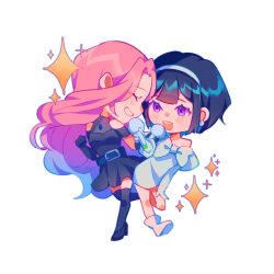 2girls alien_stage black_dress black_gloves black_hair black_shoes black_thighhighs blue_hair boots bow closed_eyes clothing_cutout dress dress_bow earrings elbow_gloves full_body gloves hairband holding holding_microphone jewelry juliet_sleeves long_hair long_sleeves merchandise_available microphone mizi_(alien_stage) multicolored_hair multiple_girls off-shoulder_dress off_shoulder open_mouth orri_(iirokagi) pink_hair puffy_sleeves purple_eyes riichuuba shoes short_hair shoulder_cutout smile sua_(alien_stage) thighhighs transparent_background two-tone_hair very_long_hair white_boots white_bow white_dress white_gloves white_hairband