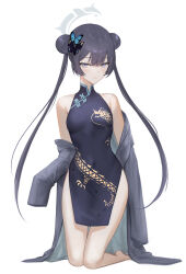 1girl absurdres bare_shoulders barefoot black_dress black_hair blue_archive breasts butterfly_hair_ornament china_dress chinese_clothes covered_navel double_bun dragon_print dress grey_eyes grey_jacket hair_bun hair_ornament halo hibiwa highres jacket kisaki_(blue_archive) kneeling long_hair long_sleeves looking_at_viewer no_panties off_shoulder open_clothes open_jacket pelvic_curtain print_dress short_dress sleeveless sleeveless_dress small_breasts solo thighs twintails very_long_hair