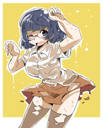 1girl blue_eyes blue_hair blush dissolving_clothes female_focus kubocha looking_at_viewer matching_hair/eyes one_eye_closed open_mouth simple_background skirt solo thighhighs wet wince yellow_background