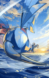 Rule 34 | bird, bird wings, blue sky, closed mouth, cloud, cloudy sky, commentary request, day, flying, from behind, gen 2 pokemon, highres, horizon, metal skin, nintendo, no humans, ocean, pokemon, pokemon (creature), pokemon focus, shiny skin, skarmory, sky, solo, spread wings, sunset, talons, wings, yamaori (hakkentai pokedan)