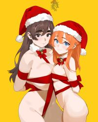 2girls akiaji_margo_(character) arms_behind_back asymmetrical_docking bdsm bell blue_eyes blush bondage bound bow bowtie breast_press breasts brown_eyes brown_hair commentary fang_guu fur_collar hat highres huge_breasts indie_virtual_youtuber long_hair medium_breasts mistletoe mole mole_under_eye multiple_girls naked_ribbon neck_bell orange_hair red_bow red_bowtie ribbon santa_hat smile sweatdrop thernz virtual_youtuber