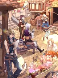 2boys 3girls aerith_gainsborough aerith_gainsborough_(garnet&#039;s_gown) arm_belt bare_shoulders black_footwear black_gloves black_hair black_shirt blonde_hair blue_coat blue_pants blue_vest bombyxmori_ckr boots brown_hair closed_eyes cloud_strife cloud_strife_(zidane&#039;s_outfit) coat cosplay cropped_jacket crossover dreadlocks dress feet_out_of_frame final_fantasy final_fantasy_ix final_fantasy_vii final_fantasy_vii_ever_crisis flower garnet_til_alexandros_xvii garnet_til_alexandros_xvii_(cosplay) gloves green_pants green_vest grey_hair grey_pants halter_shirt halterneck hat head_on_hand highres holding holding_paper jump_rope jumping kuja kuja_(cosplay) leaning long_sleeves lucia_lin lucia_lin_(vivi&#039;s_garb) midriff multicolored_hair multiple_boys multiple_girls navel off-shoulder_coat off_shoulder official_alternate_costume open_mouth orange_dress pants paper popped_collar puffy_long_sleeves puffy_sleeves purple_vest red_hair salamander_coral salamander_coral_(cosplay) sephiroth sephiroth_(ever_crisis) sephiroth_(kuja&#039;s_attire) shirt shoulder_tattoo sitting sleeveless sleeveless_turtleneck smile squatting standing streaked_hair striped_clothes striped_thighhighs sweater tattoo thighhighs tifa_lockhart tifa_lockhart_(amarant&#039;s_guise) town turtleneck vest vivi_ornitier vivi_ornitier_(cosplay) wagon white_shirt white_sweater wizard_hat wrist_cuffs zidane_tribal zidane_tribal_(cosplay)