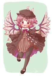 1girl arinu artist_name bird_wings black_pantyhose black_shoes blush bow brown_dress brown_hat commentary_request dress female_focus full_body grey_background hat head_tilt highres leg_up long_sleeves looking_at_viewer mystia_lorelei open_mouth pantyhose pink_eyes pink_hair purple_bow shoes short_dress smile solo standing standing_on_one_leg touhou wings