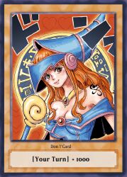 alternate_costume bare_shoulders blue_dress blue_hat breasts brooch brown_eyes cleavage cosplay dark_magician_girl dark_magician_girl_(cosplay) dress eiichiroyoda fake_trading_card gem hat highres holding holding_wand jewelry large_breasts long_hair looking_at_viewer nami_(one_piece) necklace oda_eiichirou_(style) off-shoulder_dress off_shoulder official_style one_piece orange_hair phrygian_helmet red_gemstone second-party_source shoulder_tattoo smile sound_effects tattoo wand wizard_hat yu-gi-oh!