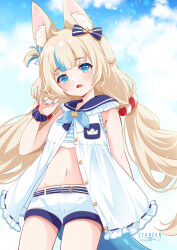 1girl absurdres animal_ear_fluff animal_ears arm_up artist_name blonde_hair blue_bow blue_eyes blue_hair blue_nails blue_sailor_collar blunt_bangs bow cat_ears cowboy_shot cyanzan dress fang frilled_dress frilled_sailor_collar frills hair_bow head_tilt highres indie_virtual_youtuber long_hair looking_at_viewer midriff multicolored_hair navel one_side_up parted_lips petite ribbon-trimmed_dress ribbon_trim sailor_collar sailor_dress sameko_saba short_shorts shorts sidelocks solo stomach streaked_hair twintails very_long_hair virtual_youtuber white_dress white_shorts