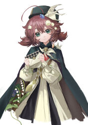 Rule 34 | 1girl, absurdres, ahoge, bag, bird hair ornament, black cape, black hat, blue eyes, bow, bowtie, brown bag, brown hair, cape, coat, dress, envelope, flower, flutterpage, hair flower, hair ornament, hands up, hat, head tilt, highres, holding, holding envelope, kuroja, lily of the valley, long sleeves, looking at viewer, official alternate costume, puffy long sleeves, puffy sleeves, reverse:1999, short hair, short twintails, shoulder bag, solo, twintails, upper body, white background, white bow, white bowtie, white coat, white dress, white flower
