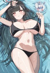 1girl adjusting_hair alternate_costume avant_garde_(blue_archive) bikini bikini_top_pull black_bikini black_hair black_halo blue_archive blush breasts breasts_apart bright_pupils commentary ginichu1003 hair_spread_out halo hand_in_own_hair highres huge_breasts long_hair lying navel pulling_own_clothes red_eyes rio_(blue_archive) sideboob sketch solo stomach strap_pull sweatdrop swimsuit underboob v-shaped_eyebrows very_long_hair water white_pupils