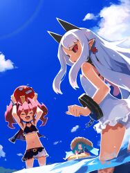 3girls absurdres albino bikini black_sclera blue_hair blue_sky colored_sclera fang flat_chest highres multiple_girls navel ocean one-piece_swimsuit open_mouth petta_(phantom_kingdom) phantom_kingdom pointy_ears pram_(phantom_kingdom) red_eyes red_hair sky smile summer sunlight swimsuit trenia_(phantom_kingdom) twintails wading white_hair white_one-piece_swimsuit zetta_(phantom_kingdom) zizi_niisan