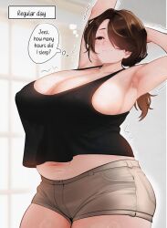 1girl armpits arms_up artist_request black_shirt black_tank_top breasts brown_eyes brown_hair cleavage covered_erect_nipples english_text hair_over_one_eye highres huge_breasts judies khun_mae_marisa mature_female medium_hair midriff_peek mole mole_on_stomach mole_under_eye navel one_eye_covered original plump ponytail shirt short_shorts shorts solo standing stretching tank_top thick_thighs thighs