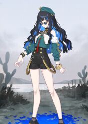 1girl arm_at_side bangle bare_shoulders black_eyes black_hair black_shirt black_shoes black_shorts blue_hair blue_petals blunt_bangs bracelet buttons closed_mouth colored_inner_hair cropped_jacket dot_mouth fate/grand_order fate_(series) feet_out_of_frame floating_hair game_cg gold_choker green_hat green_jacket hand_up hat high-waist_shorts jacket jewelry legs_apart long_hair long_sidelocks looking_at_viewer multicolored_hair multiple_bracelets o-ring off_shoulder official_art partially_unzipped round_eyewear saitou_hiroki shirt shoes short_shorts shorts sidelocks sleeveless sleeveless_shirt socks solo spiked_bracelet spikes standing sunglasses tenochtitlan_(fate) tenochtitlan_(second_ascension)_(fate) third-party_source three-quarter_sleeves turtleneck two-sided_fabric two-sided_jacket two-tone_hair variant_set zipper
