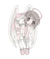 Rule 34 | 1girl, angel, back bow, bent over, bow, brown eyes, brown hair, dress, feathered wings, frilled socks, frills, full body, halo, hand on own knee, highres, holding, holding knife, knife, leg ribbon, looking at viewer, low wings, marumetu100, medium hair, open mouth, original, ribbon, short dress, short sleeves, smile, socks, solo, wings