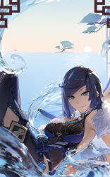 1girl absurdres blue_hair dice fingerless_gloves genshin_impact gloves green_eyes highres jewelry looking_at_viewer necklace pearl_necklace shimo_sankyo vision_(genshin_impact) yelan_(genshin_impact)
