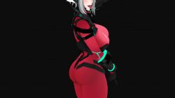 1girl ass black_background black_gloves bodysuit breasts cyborg fangs gloves head_out_of_frame large_breasts red_bodysuit short_hair tongue tongue_out virtual_youtuber vshojo white_hair zentreya zentreya_(cyborg) zentreya_(cyborg)_(1st_costume)
