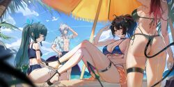 1boy 3girls absurdres alternate_costume ass beach beach_umbrella bikini black_hair blue_bikini blue_pants blue_sky breasts cloud commentary crossed_legs day front-tie_bikini_top front-tie_top green_hair grey_bikini highres holding holding_removed_eyewear jane_doe_(zenless_zone_zero) large_breasts long_hair looking_at_viewer maanu medium_breasts mouse_tail multiple_girls one_eye_closed open_clothes open_mouth open_shirt pants qingyi_(zenless_zone_zero) red_eyes red_hair sandals seth_lowell shirt sitting sky swimsuit symbol-only_commentary tail twintails umbrella unworn_eyewear white_sandals white_shirt zenless_zone_zero zhu_yuan