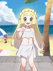 1girl :d beach_towel bikini blonde_hair chiwino cloud collarbone commentary_request day gen_7_pokemon green_eyes hand_up happy highres knees large_variant_set lillie_(pokemon) long_hair looking_at_viewer nintendo open_mouth outdoors palm_tree pokemon pokemon_(anime) pokemon_(creature) pokemon_sm_(anime) sand sandygast shore sky smile standing swimsuit towel tree variant_set water