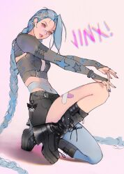 1girl bandaid bandaid_on_face bandaid_on_leg bandaid_on_nose belt black_boots blue_hair blue_pantyhose boots bracelet braid breasts character_charm charm_(object) crop_top hair_ornament hairclip high-waist_panties highres jewelry jinx_(league_of_legends) knee_boots kuromi league_of_legends light_smile long_hair on_one_knee pantyhose sanrio short_shorts shorts single_leg_pantyhose small_breasts star_(symbol) star_hair_ornament sumi_(suumiko_) tattoo unfinished very_long_hair white_background