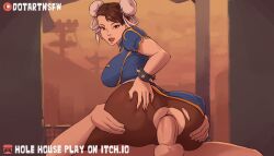 1boy 1girl anal anus ass ass_focus breasts brown_hair capcom chun-li clothed_sex clothing_cutout cowgirl_position cum cum_in_ass cum_on_body grabbing_another&#039;s_ass grabbing_own_ass groping hetero highres huge_ass large_breasts penis riding sex spread_anus spread_ass straddling street_fighter torn_clothes